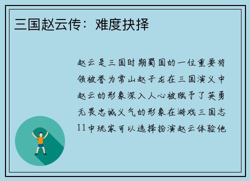 三国赵云传：难度抉择